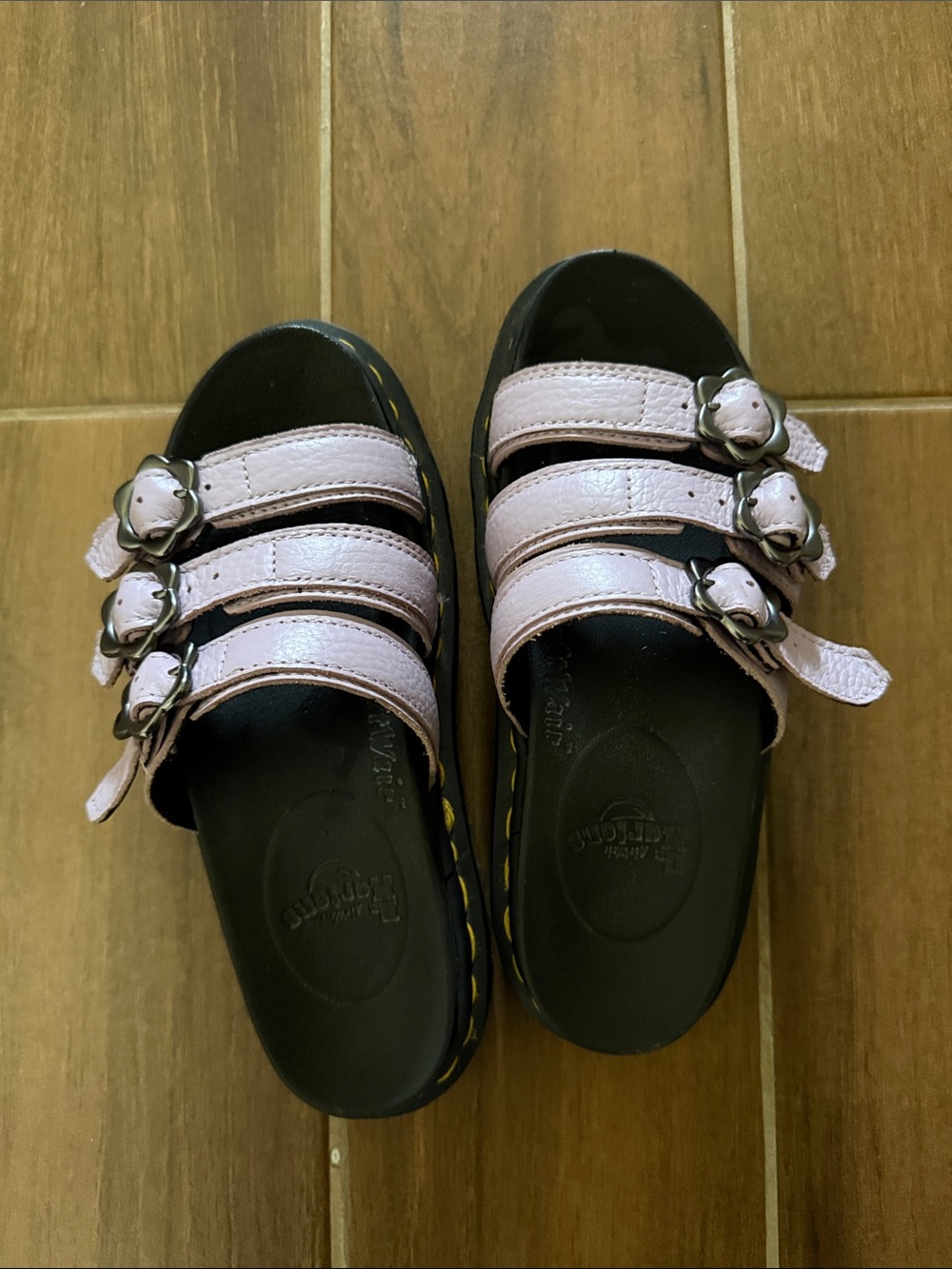 Dr. Martens Levander Flower Triple-Buckle Slide Sandals with Black Footbed